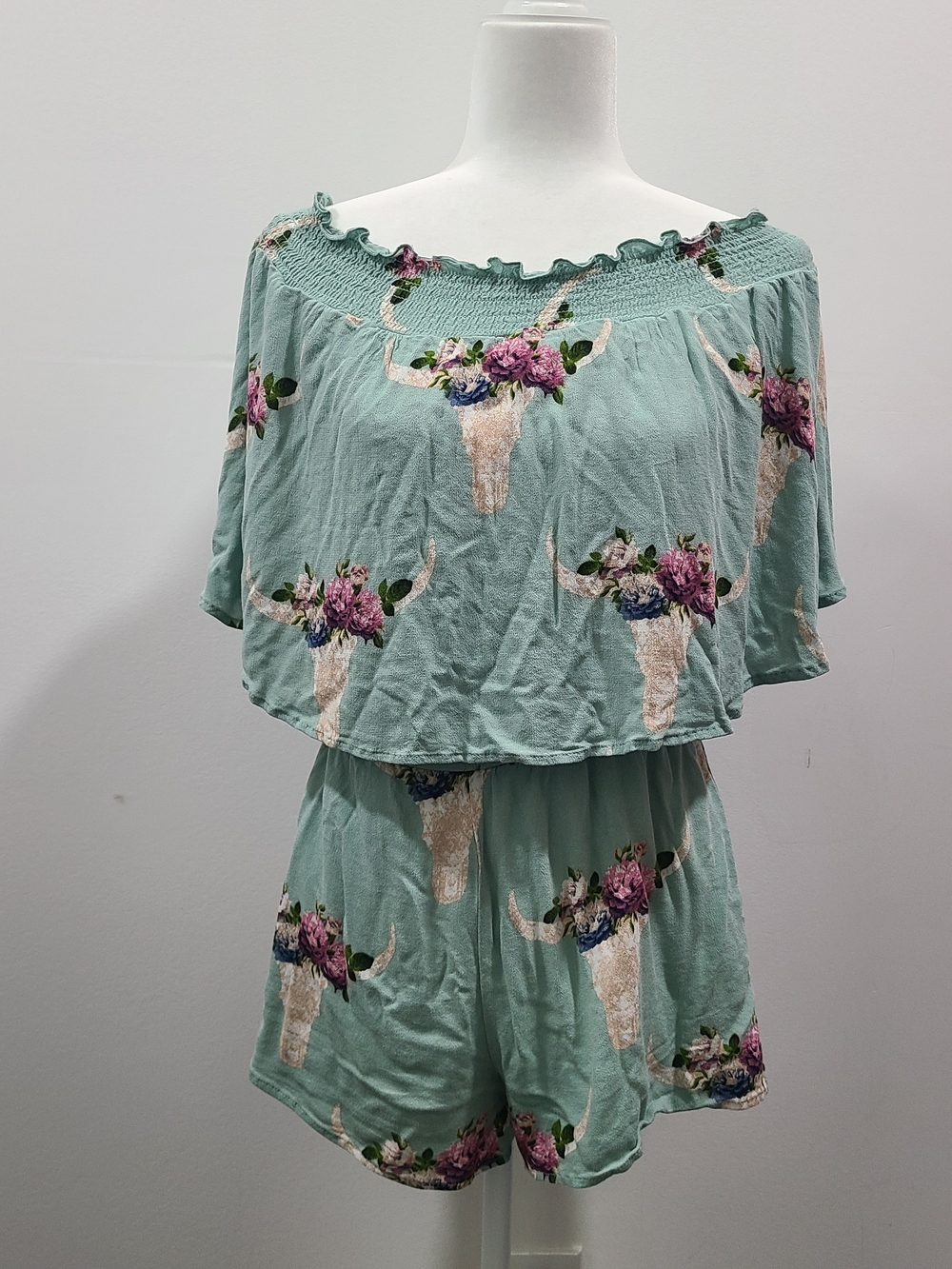 Peach Love California Mint Off-Shoulder Floral Bull Skull Romper